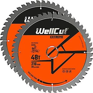 WellCut TCT zaagbladen 216 mm x 48 tanden x 30 mm boring voor GCM800, GCM8SJL, KGS216, DWS777, DWS774