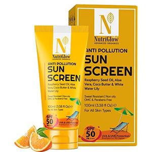 Nutriglow Advanced Organics Advanced Organics Anti Pollution Sunscreen with Alovera, Coco Butter, White Water Lily, Raspberry Seed Oil/All Skin Types/Uva & Uvb Protection, 100 Ml