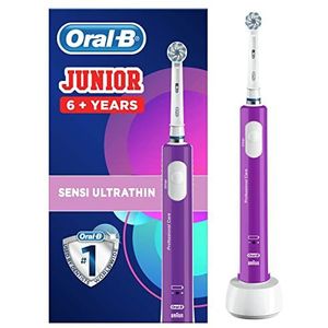 Oral-B Elektrische tandenborstel voor kinderen, 1 tandenborstelkop, met kindvriendelijke gevoelige modus, voor junior kinderen vanaf 6 jaar, 2-pins stekker, paars