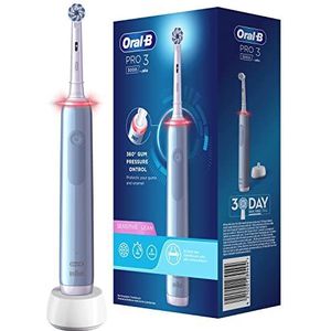 Oral-B Pro 3000 Elektrische tandenborstel oplaadbaar met 1 greep druksensor en 1 tandenborstel Sensitive Clean, blauw, 3D-technologie, verwijdert tot 100% tandplak
