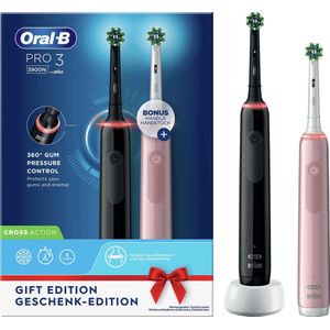 Oral-B Pro 3 - 3900 - Set van 2 elektrische tandenborstels roze en zwart, 2 handvatten met zichtbare poetsdruksensor, 2 opzetborstels, ontworpen door Braun