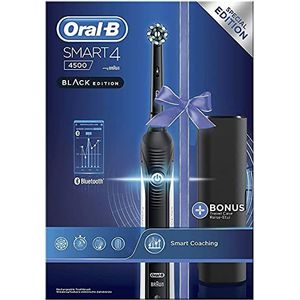 Oral-B Smart 4 4500 Elektrische tandenborstel, oplaadbaar, heldere druksensor, lange levensduur, 2 borstelkoppen, 1 tandenborstel, 1 reisetui en 1 tandpasta, zwart, cadeau-idee