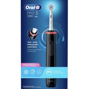 Oral-B Pro 3000 oplaadbare elektrische tandenborstel met 1 handgreep druksensor en 1 Sensitive Clean borstelkop, 3D-technologie, zwart, verwijdert tot 100% tandplak