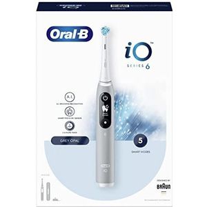 Oral-B iO 6 elektrische tandenborstel, 1 x grijze handgreep, 1 x reservekop, 1 x reiskoffer, zwart-wit scherm