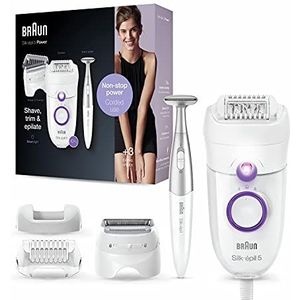 Braun Silk-épil 5 elektrische epilator voor dames, zachte ontharing, ontharing, ononderbroken energie met kabel, scheerkop, snijkap en bikinizone-roller, 825 Power, wit/paars