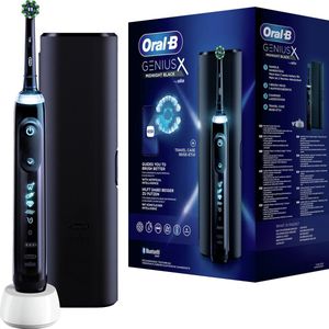 Oral-B Genius X elektrische tandenborstel, 1 premium handvat met artificiÃ«le intelligentie, 1 opzetborstel, 1 reisetui, ontworpen door Braun, zwart