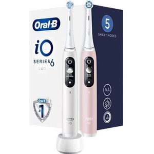 Oral-B iO 9 Duopack Elektrische tandenborstel, oplaadbaar, met 2 handgrepen, kunstmatige intelligentie, zwart en kwartsroze, 2 borstels en reisetuis