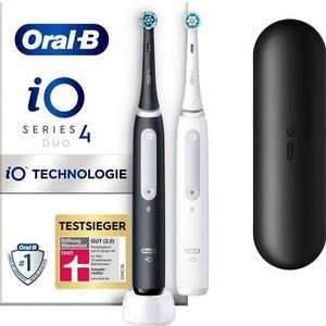 Oral-B iO 4 dubbele elektrische tandenborstel met magneettechnologie, 2 opzetborstels, 4 reinigingsmodi, reisetui, mat zwart/quite white