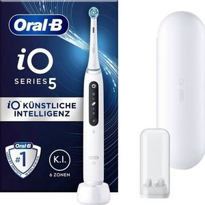 Oral-B iO 5 Elektrische tandenborstel met magneettechnologie, 5 reinigingsmodi voor tandverzorging, led-display en reisetui, ontworpen door Braun, wit