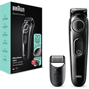 Braun Baardtrimmer/tondeuse voor heren, trimmer/tondeuse, set voor baard, gezicht, hoofdhaar, levenslang scherpe messen, 20 lengte-instellingen, cadeau man, BT3322, zwart