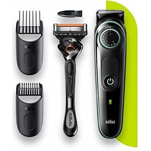 Braun Beard Trimmer 3 BT3341, baardtrimmer voor mannen, gezichtshaar, gezichtshaar, betrouwbare mesjes, 39 lengte-instellingen, zwart/groen