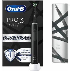 Oral-B PRO 3 3500 elektrische tandenborstel met 3 poetsstanden en 360° visuele drukregeling voor tandverzorging, gestreepte reisetui voor heren/dames, ontworpen door Brown, zwart