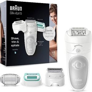 Braun Silk-épil 5 Epilator voor dames, voor ontharing/ontharing, opzetstukken voor scheerapparaat, trimmer en massage voor lichaam, tas, 5-625, wit/grijs