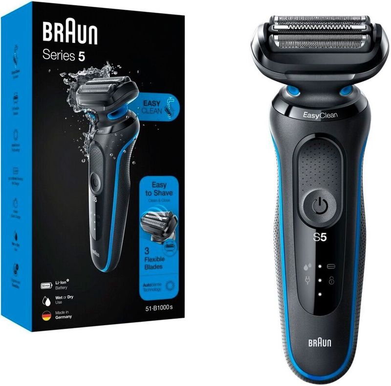 Braun Series 5 51-B1000s Elektrisch Scheerapparaat Voor Mannen, EasyClean Wet & Dry, Oplaadbaar, Draadloos Scheerapparaat, Blauw