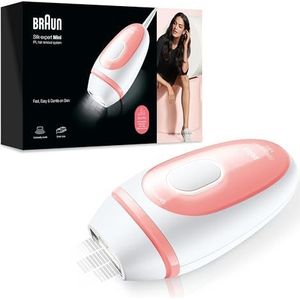 Braun IPL Silk-expert PL1000 Mini-ontharingsapparaat voor vrouwen, voor zichtbare ontharing, compact formaat voor onderweg, eenvoudig, veilig en efficiënt, wit/roze