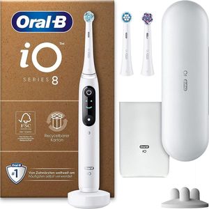 Oral-B iO Series 8 Plus Edition Witte Albast Elektrische Tandenborstel, 3 Opzetborstels, 6 Poetsmodi Voor Tandheelkundige Verzorging, Reisetui, Recyclebare Verpakking, Ontworpen door Braun