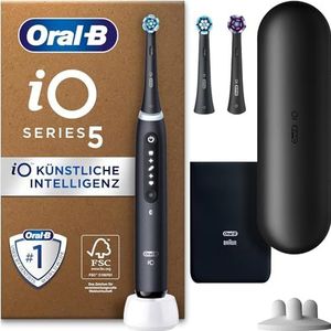 Oral-B iO 5 Zwarte Plus Edition Elektrische Tandenborstel, 3 Opzetborstels, 1 Reisetui, Ontworpen Door Braun, Zwart