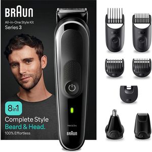 Braun Serie 3 alles-in-één baardverzorgingsset, 8-in-1 baardtrimmer, trimmer/tondeuse voor heren, 80 min. Wireless Runtime, MGK3440, zwart/grijs