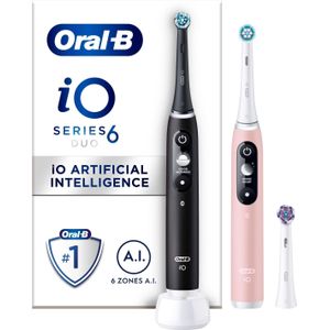Oral-B iO 6 elektrische tandenborstels, 2 stuks, zwart en roze, handgrepen met zwart en wit display, Bluetooth, 3 borstels