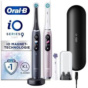 Oral-B iO Series 9 Set van 2 elektrische/elektrische tandenborstels + 3 borstels, 7 poetsmodi, magnetische technologie en 3D-analyse, kleurendisplay, reisetui, onyx/roze
