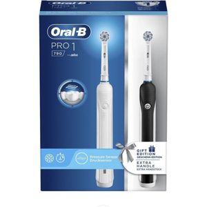 Oral-B Pro 1 790 Sensitive Elektrische tandenborstels (verpakking van 2 stuks) met oplaadbare handgrepen, bruin-technologie, 1 reservekop, oplader en druksensor - zwart en wit