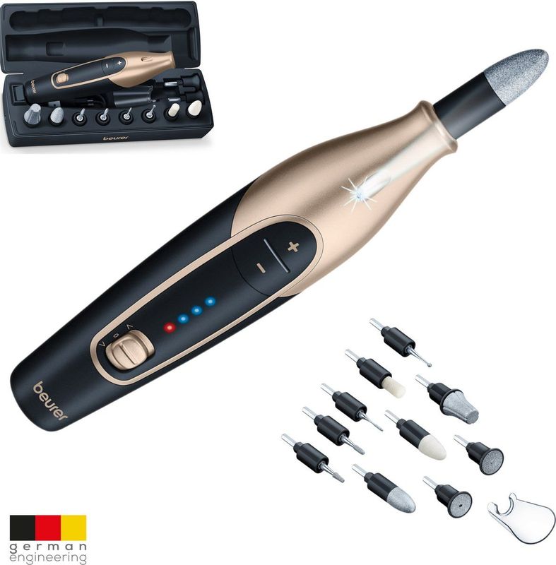 Beurer MP 84 Special Edition set manucure/pédicure, lime à ongles électrique avec batterie, 10 embouts, lumière LED, étui de rangement inclus, jusqu'à 4400 tr/min, fraise à ongles, noir