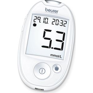 Beurer GL 44 White mmol/l Bloedsuikermeter - Bloedglucose meter - Licht - Incl. prikhulp, 10 test strips, 10 lancetten, batterijen & etui - USB - App beurer HealthManager Pro - 5 Jaar garantie