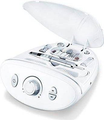 Beurer MP 100 elektrisch manicure/pedicure-station voor professioneel gebruik, 10 opzetstukken van saffier en vilt, kap voor bescherming tegen nagelstof, tot 20.000 omwentelingen per minuut