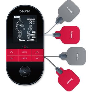 Beurer EM 59 TENS/EMS-digitaal apparaat, 4-in-1 elektrische stimulatie voor pijntherapie, spierstimulatie, massage, thermotherapie, zwart met 4 elektroden en accu