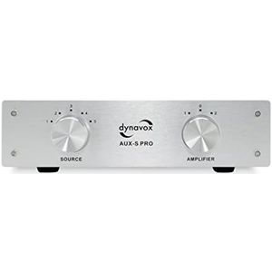 Dynavox AUX-S PRO, ingangs-uitbreidingsschakelaar met 5 RCA-ingangen, aansluitingen voor twee stereo- en surround versterkers, zilver