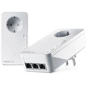 Devolo Magic 2 Triple LAN-stopcontact voor een stabiel thuisnetwerk, via elektrische leidingen in muren en plafonds, G.Hn-technologie, 3 Gigabit LAN-aansluitingen, starterset, wit