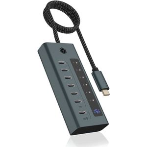 Icy Box USB-C hub met laadpoort van 20 W en geïntegreerd scherm, IB-HUB1457-C31 (USB-C, 7 ports), Docking station + USB-hub, Grijs, Blauw