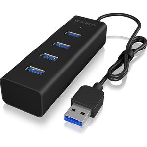 ICY BOX IB-HUB1409-U3 4-voudige USB-hub (Type-A-verbinding) met 4x USB 3.0 (Type-A) aansluitingen, geïntegreerde kabel (40 cm), aluminium, zwart