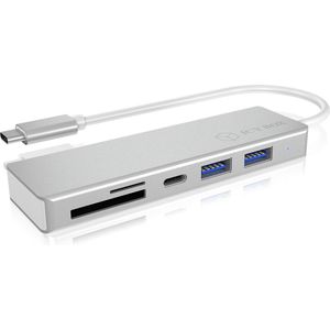 ICY BOX 60369 USB-C hub 3-weg en kaartlezer voor SD en microSD, 3 x USB 3.0, USB 3 aansluiting van aluminium, geïntegreerde kabel, zilver/wit