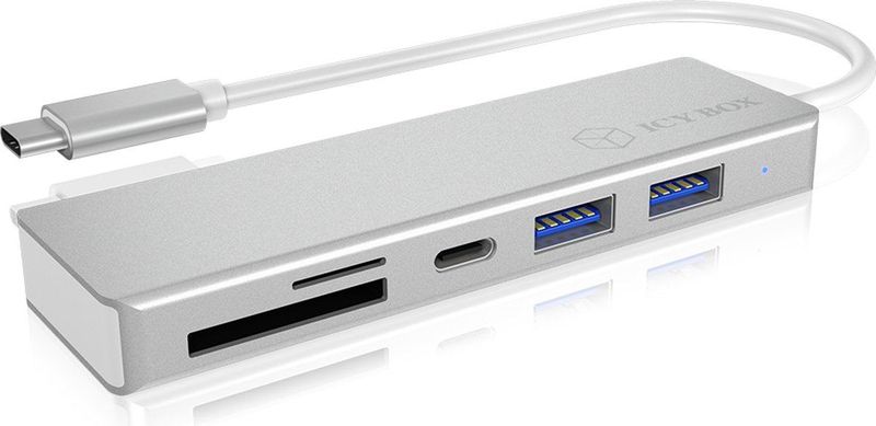 ICY BOX 3-voudige USB-C hub en kaartlezer voor SD en microSD, 3x USB 3.0, USB 3.0-aansluiting, aluminium, geïntegreerde kabel, zilver/wit