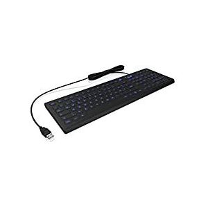 KeySonic Hygiënisch toetsenbord van siliconen, wasbaar, waterdicht, USB-bekabeld, blauwe verlichting, volledige maat, zwart, 60529