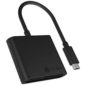 ICY BOX SD-kaartlezer met USB-C, USB 3.0 kaartlezer voor SD, micro SD of CF, geïntegreerde kabel, aluminium, zwart