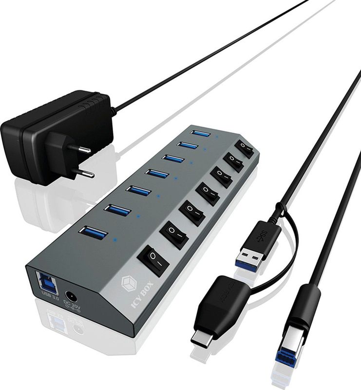 ICY BOX - IB-HUB1701-C3 - 7-poorts USB 3.0 Type-A Hub - Aluminium - Zwart