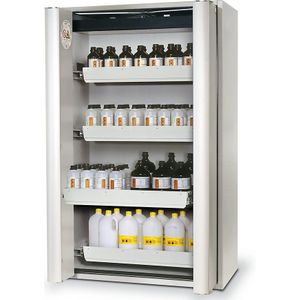 asecos Brandveiligheids-opslagkast voor gevaarlijke stoffen met vouwdeuren type 90, halfautomatisch, met 4 laden, lichtgrijs