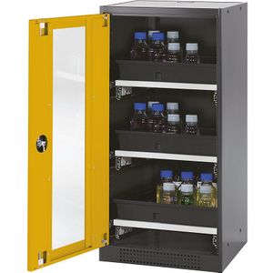 asecos Chemicaliënkast voor laboratorium, 1 deur, halfhoog, 3 uitschuifbare legborden, met zichtvenster, geel