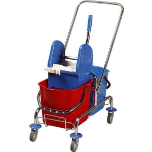Dweilwagen, 2 dubbele rolemmers van 15 liter, duwbeugel, brede dweilmopset