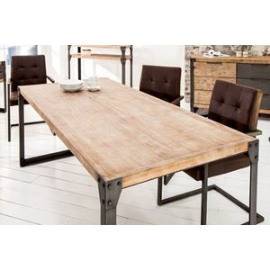 Industriële design eettafel FACTORY 160cm acacia teakgrijs wit gekalkte metalen poten loper - 36769