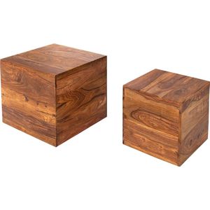 Set van 2 bijzettafels kubus MAKASSAR 40cm Sheesham massief hout steenafwerking salontafels - 37290