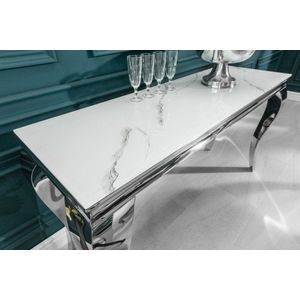Elegante consoletafel MODERN BAROQUE 145cm met glazen blad marmerlook roestvrijstalen poten - 39997