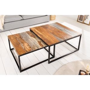 Design salontafel set van 2 ELEMENTS 75cm Sheesham massief hout smoke finish met ijzeren frame - 40281