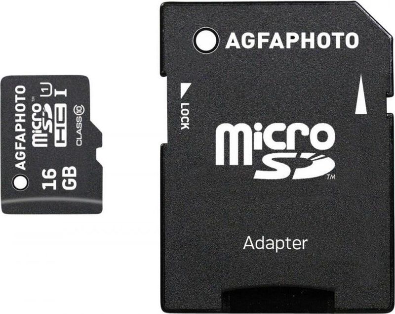 AGFAPHOTO MicroSDHC UHS-I 16GB Hoge Snelheidsklasse 10 U1 + Adapter (16 GB, microSDHC, U1, UHS-I), Geheugenkaart, Zwart