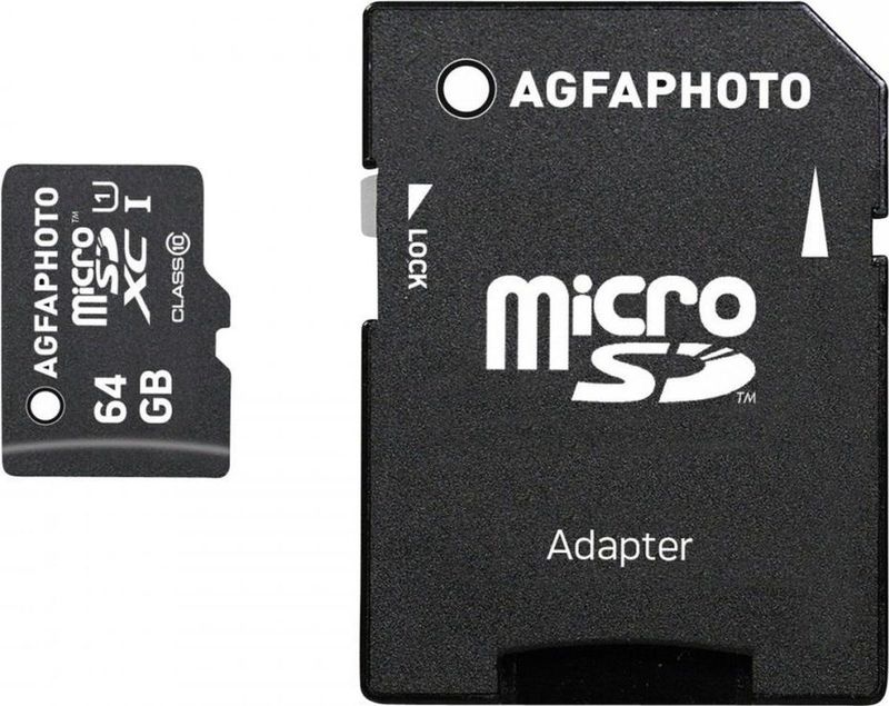 AGFAPHOTO MicroSDXC 64GB Geheugenkaart - Zwart - UHS-I - Klasse 10 - Inclusief Adapter