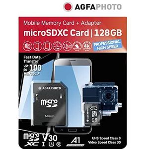 Agfa - Micro SDXC UHS I 128GB Geheugenkaart - Hoog Snelheid - Inclusief Adapter