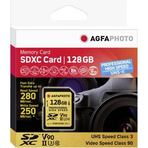 AGFAPHOTO SDXC Professional Hoge Snelheid V90 (SDXC, 128 GB, U3, UHS-II), Geheugenkaart, Goud