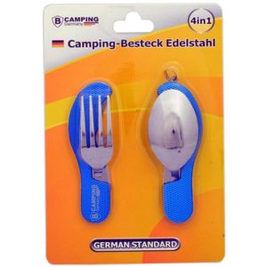 4-in-1 Inklapbaar Camping Bestek - Vork / Lepel / Mes / Flesopener - Roestvrij staal - Survival Bestek - Blauw